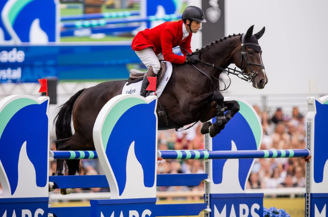 Person wearing red jacket jumping in competition with a horse
